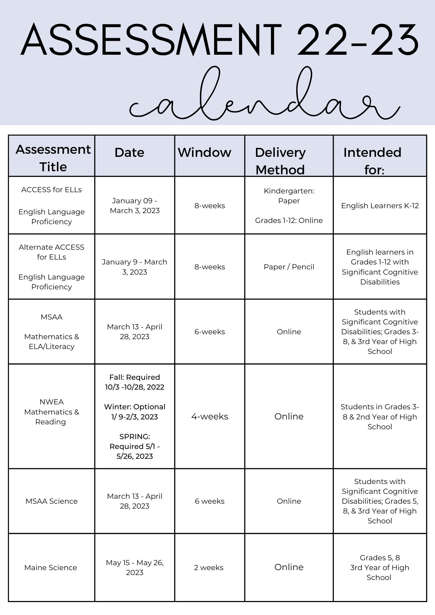 Maine Assessment Calendar Department of Education